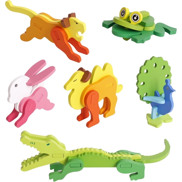6-pack 3D djursticksåg för barn 3 4 5 6 år gamla träpussel för småbarn, tidig lärande förskolepedagogiska leksaker Present för pojkar och flickor.