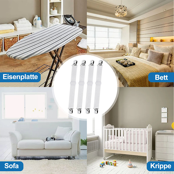 Elastisk lakansspännare, justerbar fästrem för sänglakan, soffa, strykjärnsöverdrag (vit, 4-pack)