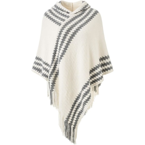 Kvinnors Hooded Zigzag Striped Knit Cape Poncho Tröja med Fransar