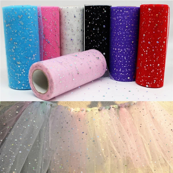 Glitter Tyll Tyg Rullar 6 Tum 10 Yards  Glittrande Band Paljetter Polka Dots Nät Spole för DIY Tutu Kjolar Bröllop Baby Shower Båge Påskfest