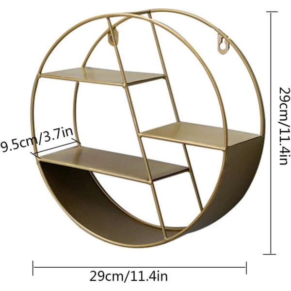 Väggmonterad rund hylla med 3 metallnätpaneler för vardagsrummet