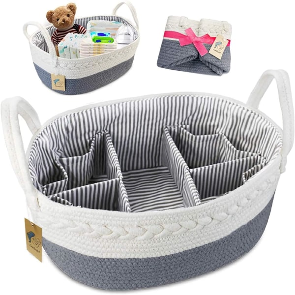 Baby Organizer - Extra stor blöjcaddie Rope Nursery Storage Bin - Baby Shower Presentkorg med 8 fickor, 5 fack och 2