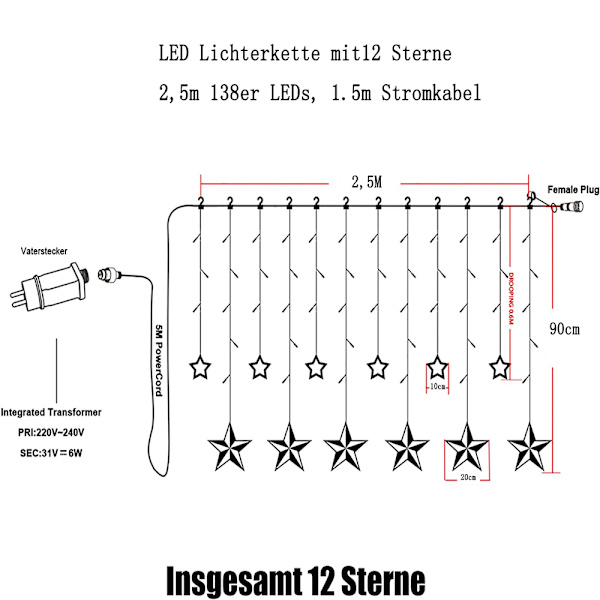 12 stjärnformade LED-lampor, julbelysning, stjärngardin, 138 LED-lampor, 8 lägen, för inomhus, utomhus, jul, fest, dekoration, bröllop, trädgård,