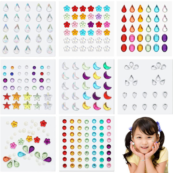 DIY Ansiktsstenar för Iögonfallande Smink, 8 Ark Multi-Tillfällen Tillbehör med Kristalldesign för Glittereffekt, Lämplig för Festivaler Fester