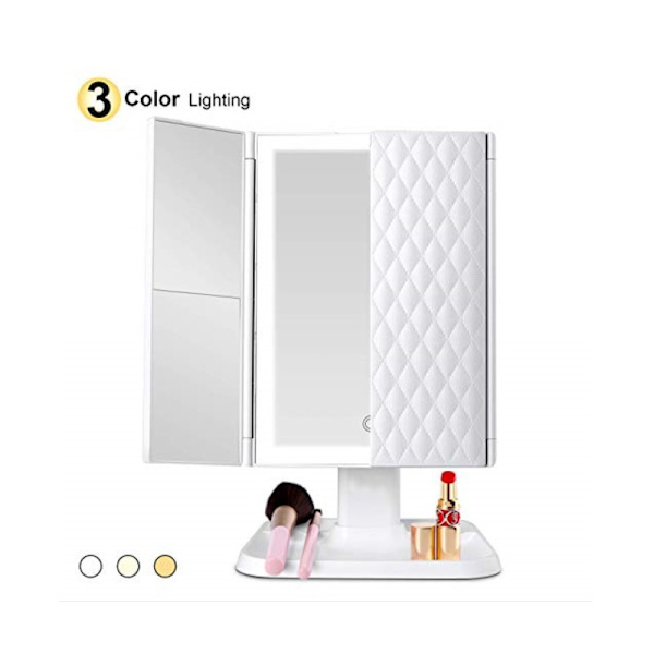 Sminkningsspegel Toalettbordsspegel med lampor - 3 färgljuslägen 72 LED trefaldig spegel, 1x/2x/3x förstoring, touchkontrolldesign, bärbar hög