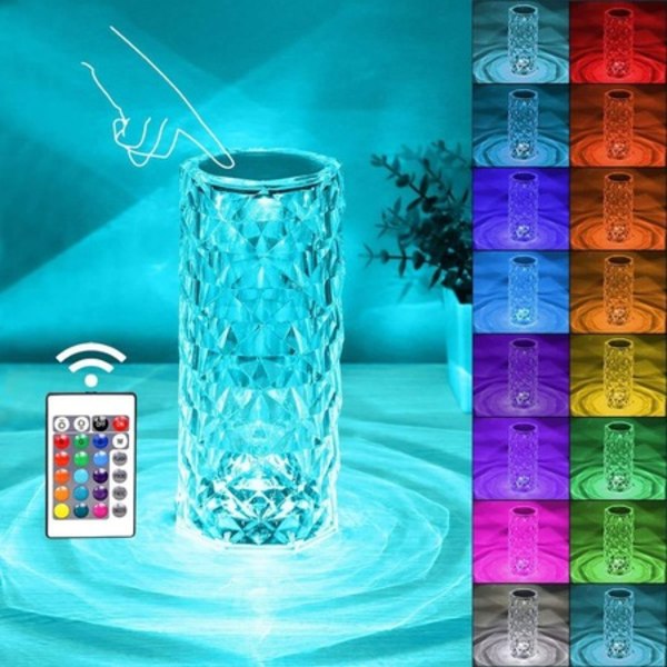 Kristall LED-bordslampa, Crystal Diamond AhaPrint, RGB 16 färger, touch-kontroll, 1500mah batteri - 12 timmars användning, USB-C-laddning