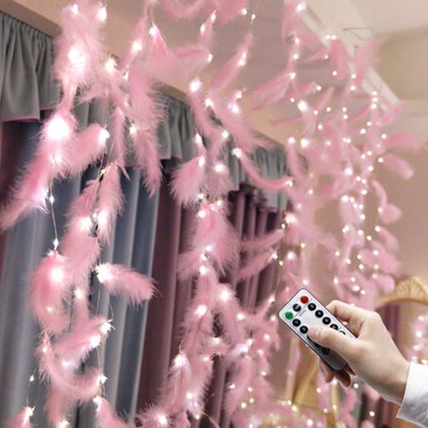 300 LED rosa fjäder ljusslinga med 8 ljuslägen fjärrkontroll romantisk vägggardin dekoration för bröllop födelsedagsfest sovrum