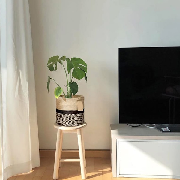 Blomkruka Planterkorg Bomull Rep Korg Förvaring Korg Flätad För Leksaker Filtar I Barnrum 21x21cm, Svart & Jute