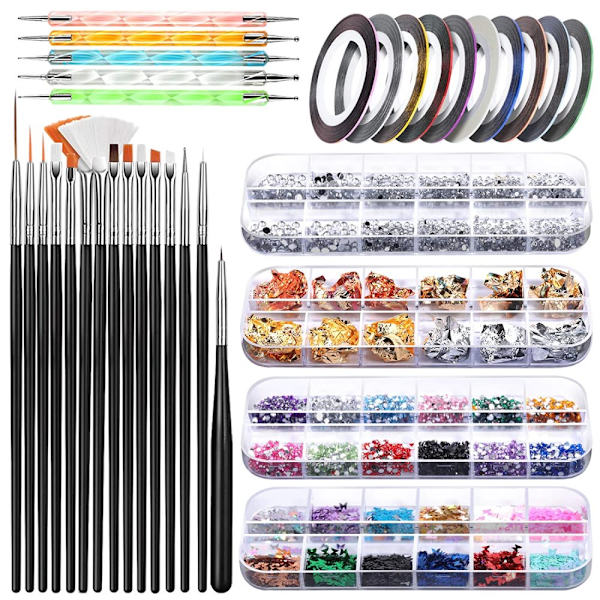 Nail Art Brush, Teenitor 3D Nail Art Decorations Kit med Nagelpenna Designer Dotting Tools Färger Holografisk Butterfly Nail Glitter Foil Flakes Nagel