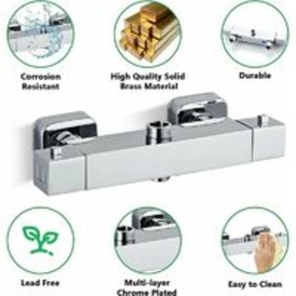Monobloc duschblandare, 2-utlopps termostatisk duschblandare, topputlopp 3/4 (26,4 mm) och bottenutlopp 1/2 (21 mm), fyrkantig, mässing, krom