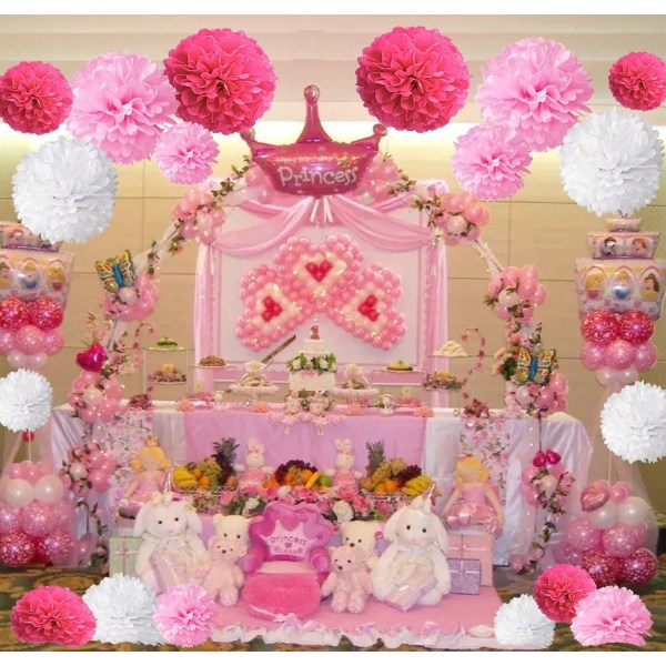 18 rosa pompoms dekoration, bröllopsdekoration, skola