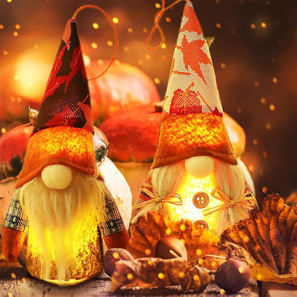 Höstdekorationstomte, 2 stycken höstdekorationstomtefigurer med ljus, handgjord Thanksgiving ansiktslös docktomte, hösttomteplysch Den