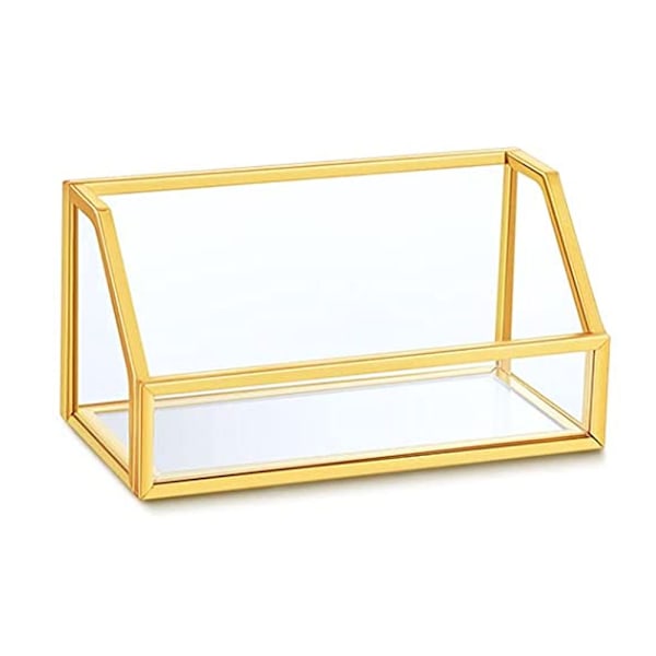 Smyckesförvaringsbricka med geometriska designelement, klar glasytan och gyllene kant för visitkortsfodral, kontorsbord i högt borosilikatglas