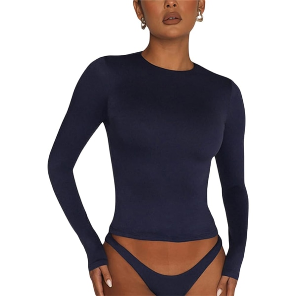Långärmad tröja Slim Fit Dam Y2K Toppar Långärmad tröjor Rund halsad Klippt topp Enfärgad Basic Crop Tops Casual Athletic Top Tonåring Streetwear (M)
