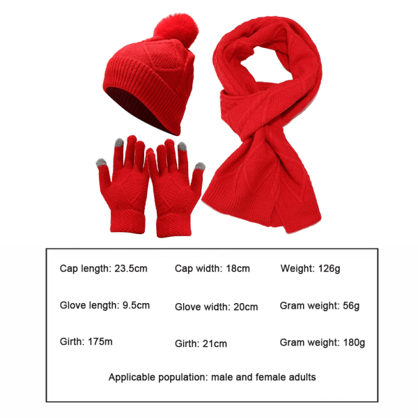 Mössa halsduk handskar, tre delar set, varm isolering, förtjockad