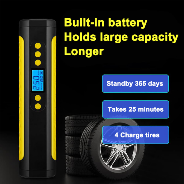Bärbar luftkompressor Mini-uppblåsare Elektrisk pump, Nödlägesdäckuppblåsare med LCD-display LED-ljus, mobil ström, 2000mAh Laddningsbar Li-ion