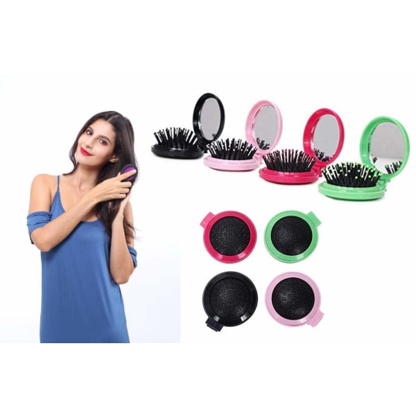 Mini hopfällbar hårborste med spegel, kompakt pop-up kam