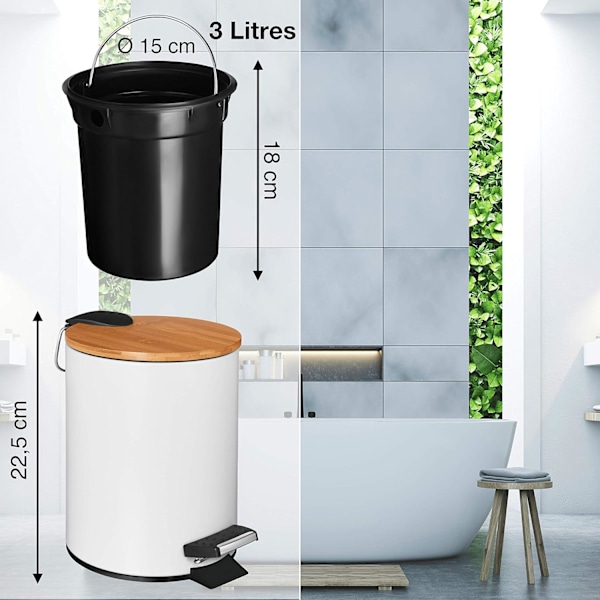 3L Bambu Trälock Papperskorg, Elegant Design Pedalhink med Mjukstängningsmekanism för Badrum, Sovrum och Kök, Fingeravtrycksresistent Yta