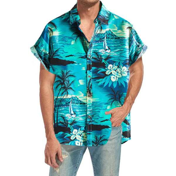 Herr kortärmad knapp vintage skjortor Casual Printed Beach