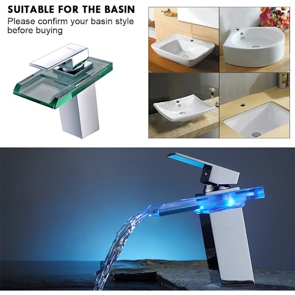 Bassängkran med RGB LED Vattenfall Badrumsblandare Kran med 3 Färgförändringar Vattenfall Kran Krom Mässing Glas för Badrum