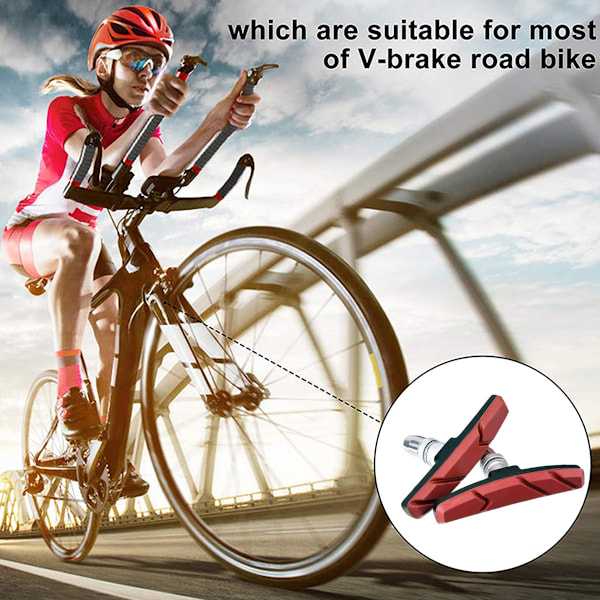 Cykelbromsbelägg, 2 par V-cykelbromsbelägg set landsvägscykelbromsbelägg med 4 röda cykelbromsvajerlock för mountainbikes, inklusive insexnyckel