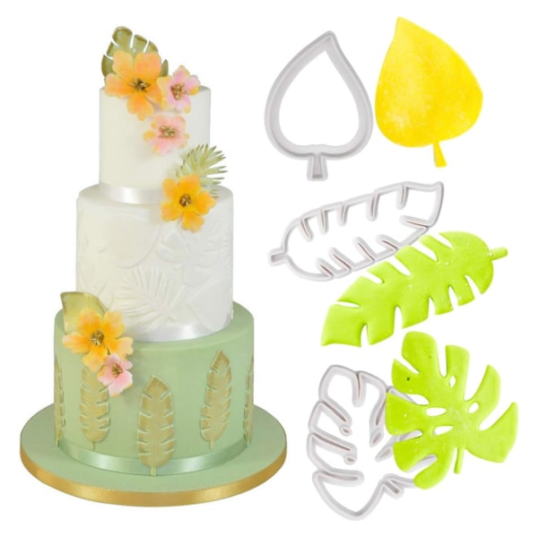 Kakformar i form av tropiska blad, set med 4 kakformar i plast, minikakformar, fondantkakformar för DIY-kex