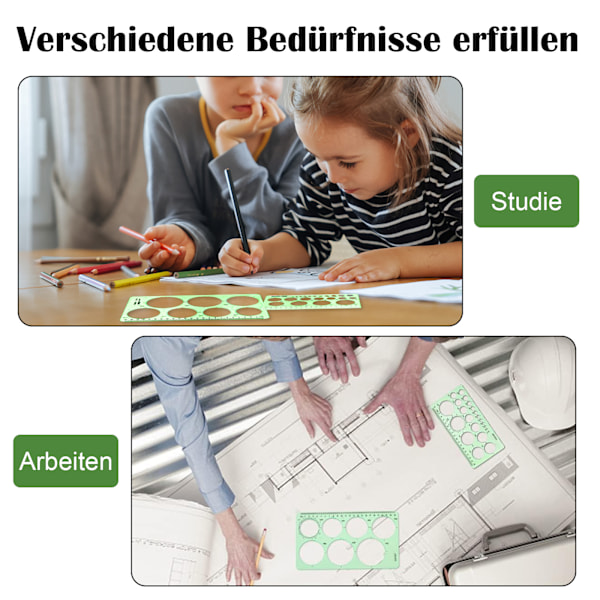 Cirkelschablon för ritning, 2 st linjaler med cirkelschabloner, quillingverktyg, transparenta gröna mätschabloner för kontor och skola