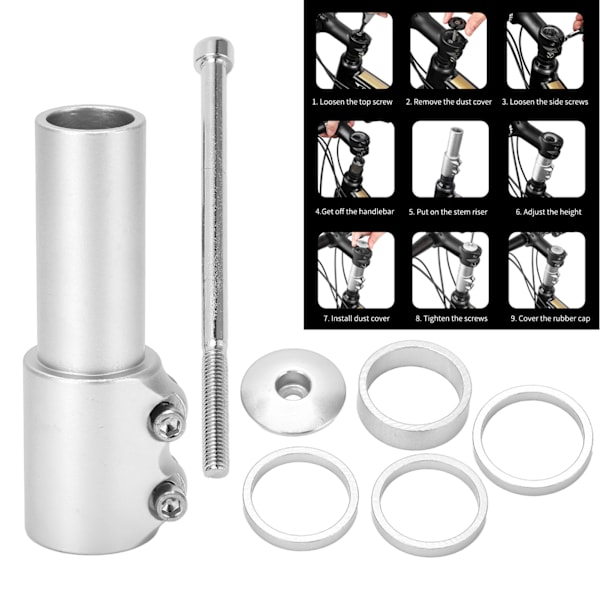 Cykelstyrstam Höjare Aluminiumlegering Cykelstyre Höjare Adapter för 28,6 mm/1,13 tum Gaffel Silver