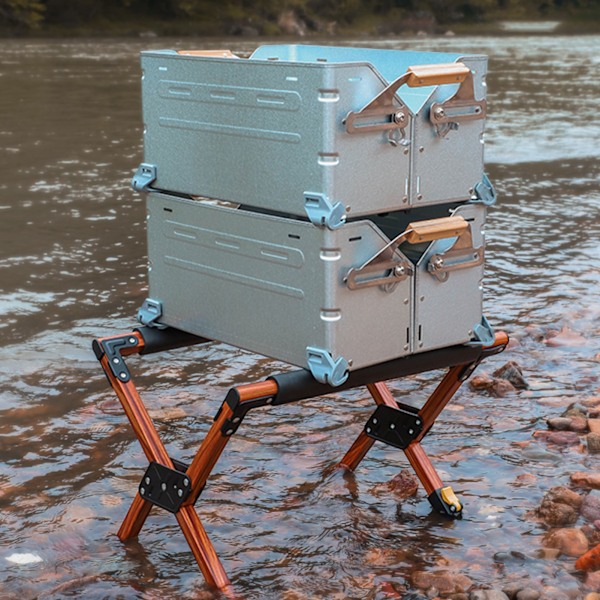 Fällbar kylställningsram i aluminiumlegering, justerbar hopfällbar bärbar utomhuscamping islåda stativhållare träkornfärg
