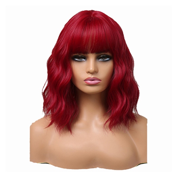 14 tums kort rödbrun peruk med lugg för kvinnor Naturligt syntetiskt hår Ombre peruk med mörka rötter Lösa vågiga peruker för cosplay dagligt festkläder