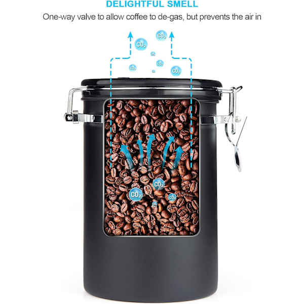 Lufttät kaffeburk - Kaffebönbehållare med CO2-ventil - med måttsked - 1,8 L (svart)