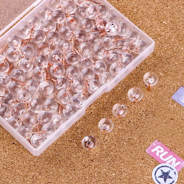 Trycknålar 1/3 tum Roséguld Kartnålar 100-pack Stora storlekar Stift Roséguld Stålspets och Transparent Plast Rund Huvud
