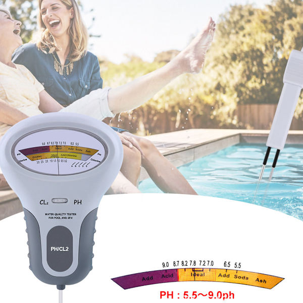 Vattenkvalitetsanalysator, digital klor- och pH Cl2-testare för simbassäng, spa-vattenkvalitetsanalysator med sond för pool eller spa, 1 x AA alkaliskt
