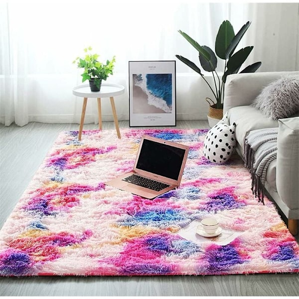 Stora mattor för vardagsrum, Tie-Dyed Rainbow Shaggy Rug Fluffy Throw Carpets