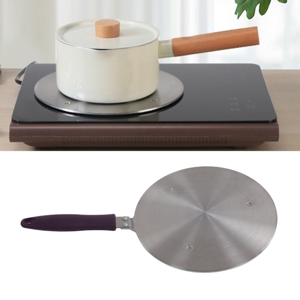Induktionsadapterplatta i rostfritt stål, värmefördelare med lila handtag, kökstillbehör för järngryta, keramisk gryta, 19,5 cm/7,68 tum