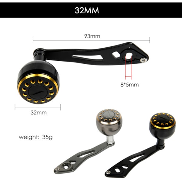 Baitcasting rullehandtag 32mm/1,26 tum Ergonomiskt metallfiskerullehandtag för Baitcasting DSH019 Svart Guld