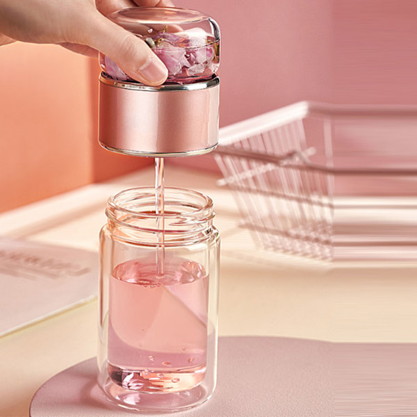 280ml Te-vattensepareringskopp Dubbelskiktsisolering Transparent Teinfuserflaska för daglig roséguld