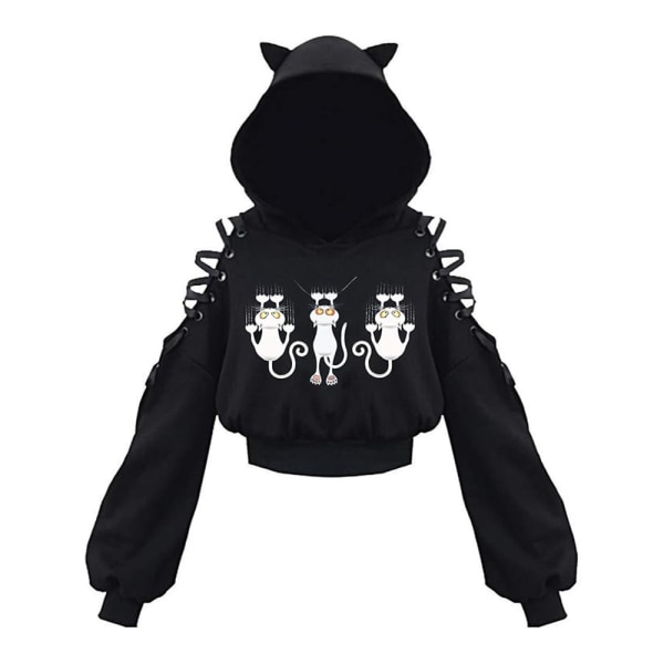 Damen Cat Ears Black Hoodie Sweatshirt Hollow Out Gothic Tops (XL)