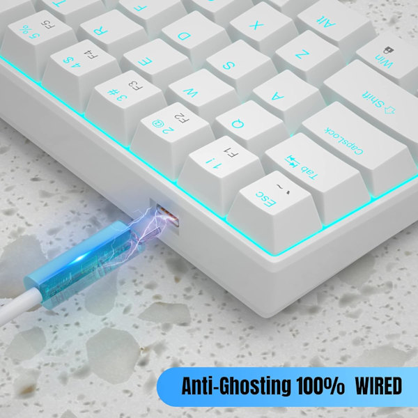 Mini 60% mekaniskt tangentbord med blå brytare, issblå bakgrundsbelyst spelande tangentbord, bärbart kontor dator tangentbord, 61 tangent ultrakompakt liten trådbunden