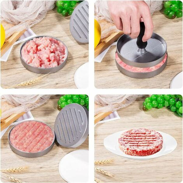 Hamburgerpress med 100 ark bakplåtspapper, runda bakplåtspapper, aluminiummalet biffpress hamburgerpress med non-stick-beläggning, för hamburgare,