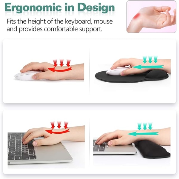 Musmatta och handledsstöd, ergonomisk minnesskum musmatta, skolmaterial, halkfri gummibas i PU för kontor/dator/spelare - Svart