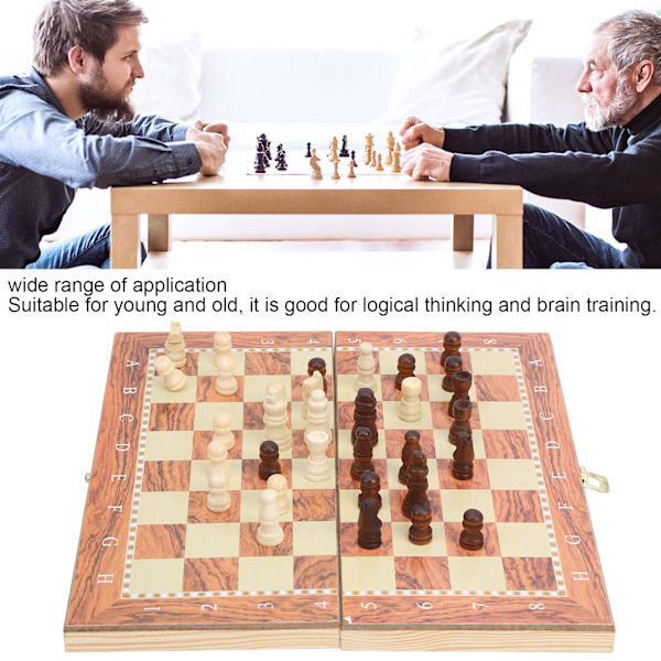 3 i 1 Fällbar Trä Schack Set Bräde Dam Backgammon Draughts Bordsspel Leksak