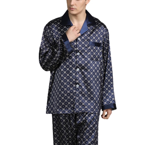 Satinpyjamas för män, lång fritidskostym, nattkläder, långärmad skjorta och pyjamasbyxor