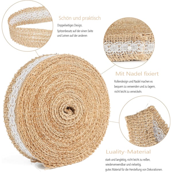 G2PLUS 10 m Juteband med spets, 2,5 cm Jute Stripe Dekorativt band, Perfekt för att dekorera bröllop, födelsedagar och mycket mer