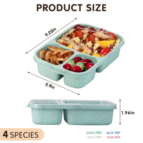 4-pack Bento Lunch Box, 3-fack lunchlåda för barn, vetehalm - Hållbar BPA-fri miljövänlig återanvändbar matförvaring