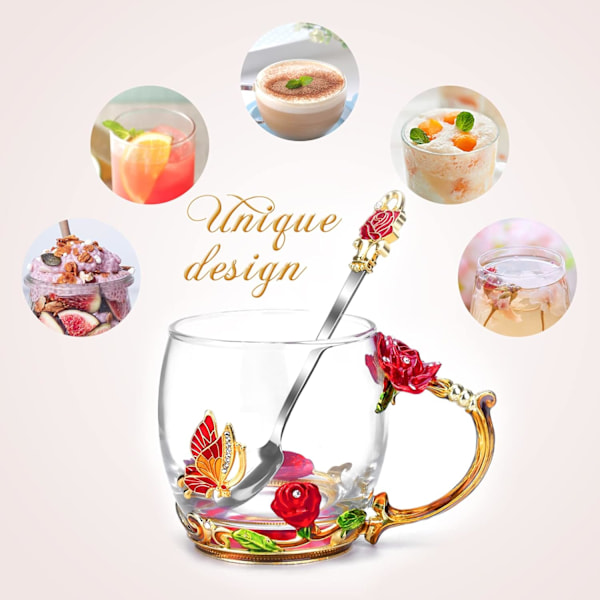 Rosblomsdesign, Mugg med fjärilsdekorationer och matchande rostfri sked för unika presentidéer Red Gold