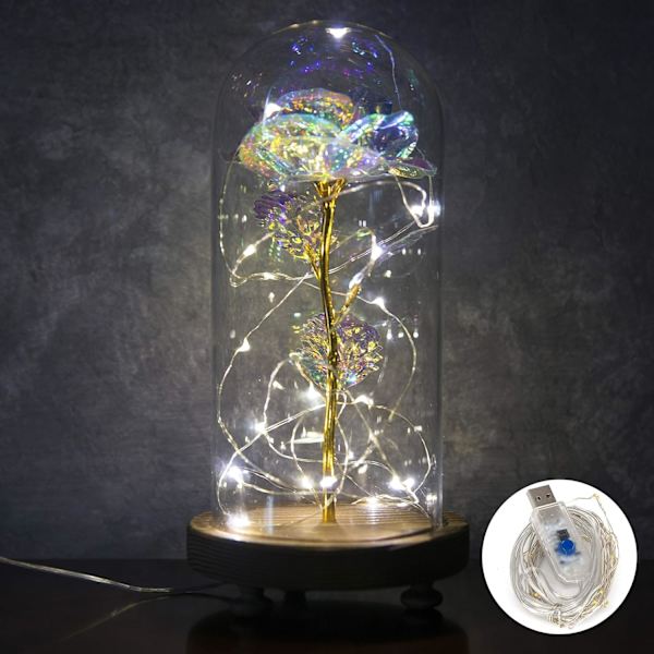 Halcyon Galaxy Rose i glaskupa - LED-ljusslinga på den färgglada blomman - förtrollad ros varar för evigt - Infinity Rose blomma gåva för bröllop,