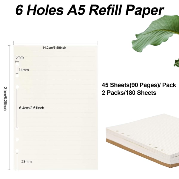 A5-påfyllningspapper, 2 förpackningar linjerat papper + blankt papper, 6 hål pärm insatser papper planerbar påfyllningsbara papper