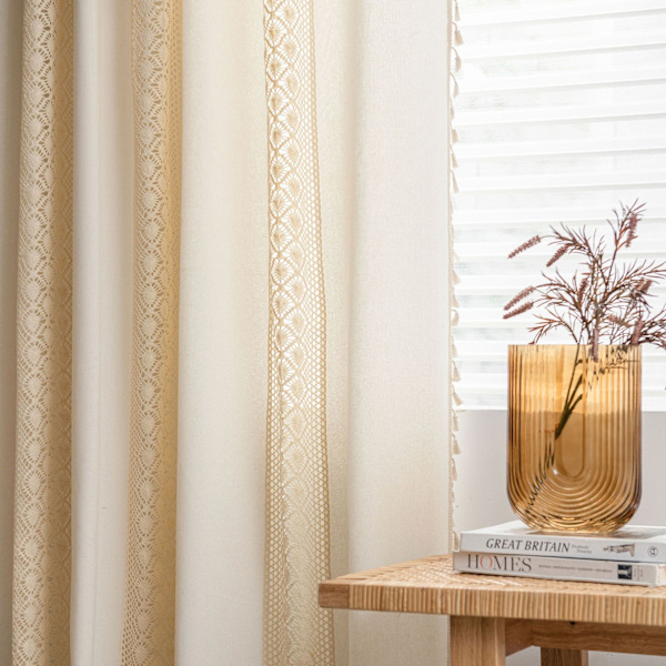 Bistro Gardin, Boho Kort Gardin, Beige med Tofsar, Panelgardiner, Köksgardiner, Opaque Bomull Linnegardiner, Vintage Lanthus,
