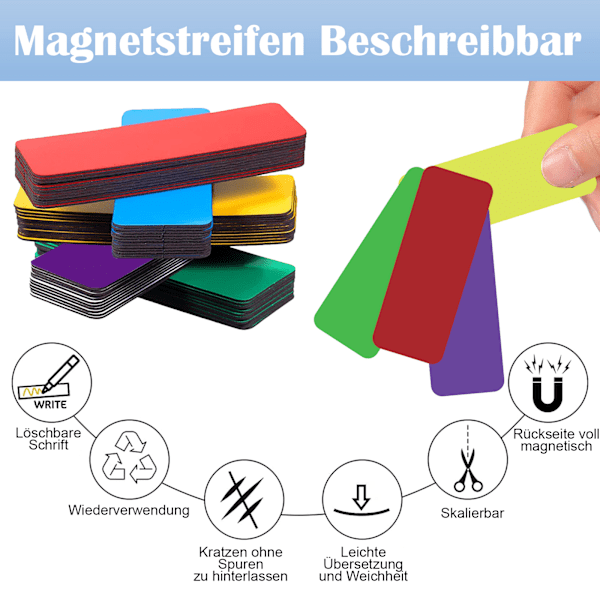 Färgglada Magnetiska Etiketter för Whiteboard, Stark Magnetisk Baksida Återanvändbara Remmar för Klassrum Hemmakontor Garage Kylskåp Tom Skrivbar Raderbar
